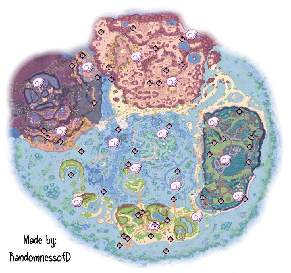 Map of all Strawberry Crate locations across Friendship Island in Hello Kitty Island Adventure