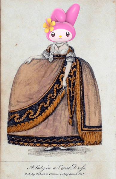 My Melody in a Regency court dress for the Tea Garden DLC
