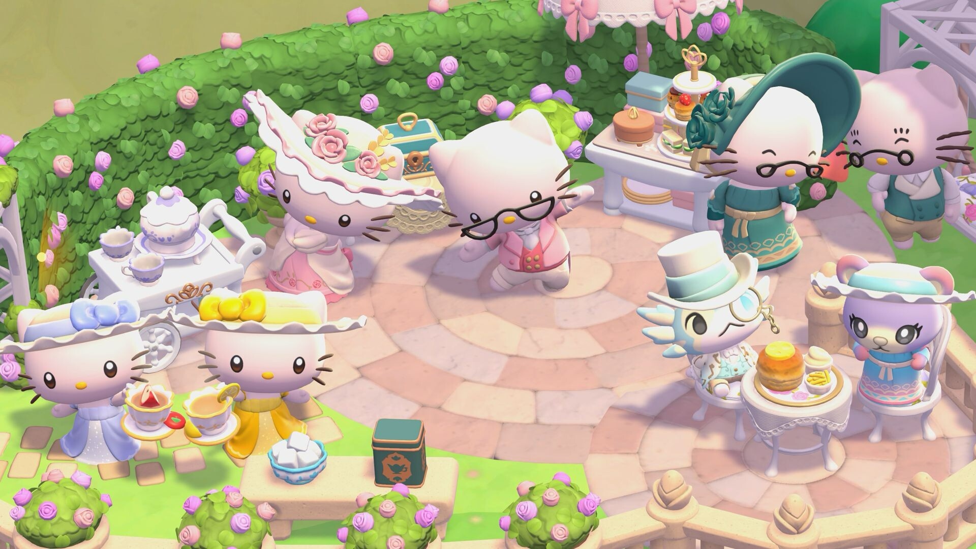 Sanrio friends in Regency outfits at a Tea Garden party in Merry Meadows